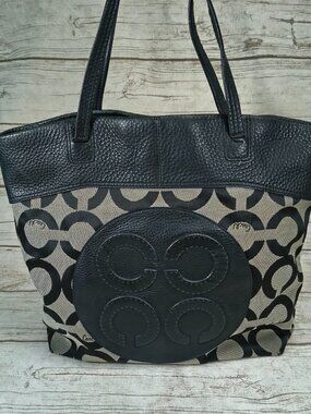 Coach Black & Beige Op Art Signature Canvas Large Tote Bag